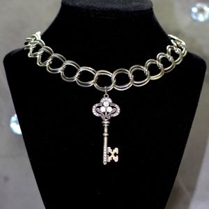Silver Chain Link Choker Necklace w/ Jeweled Key Pendant